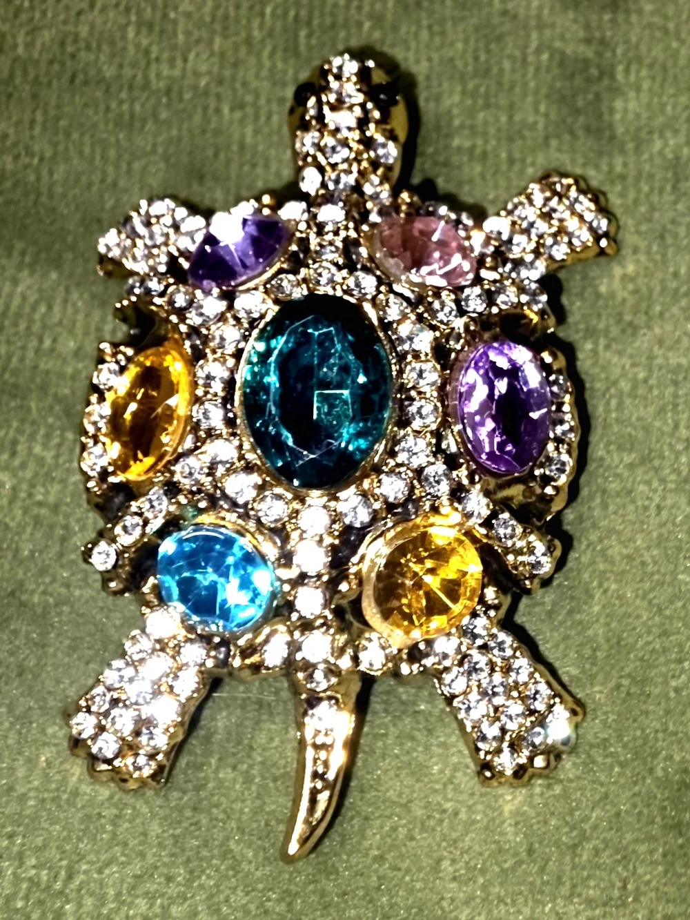 Gold-Tone Multicolor Crystal Turtle Brooch - Designer Style